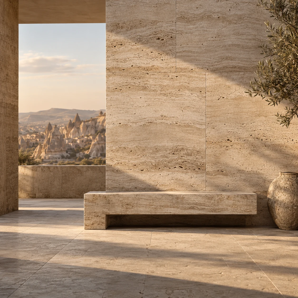 Kapadokya manzarasıyla buluşan traverten avlu — Meşe için üretilmiş ilham görseli